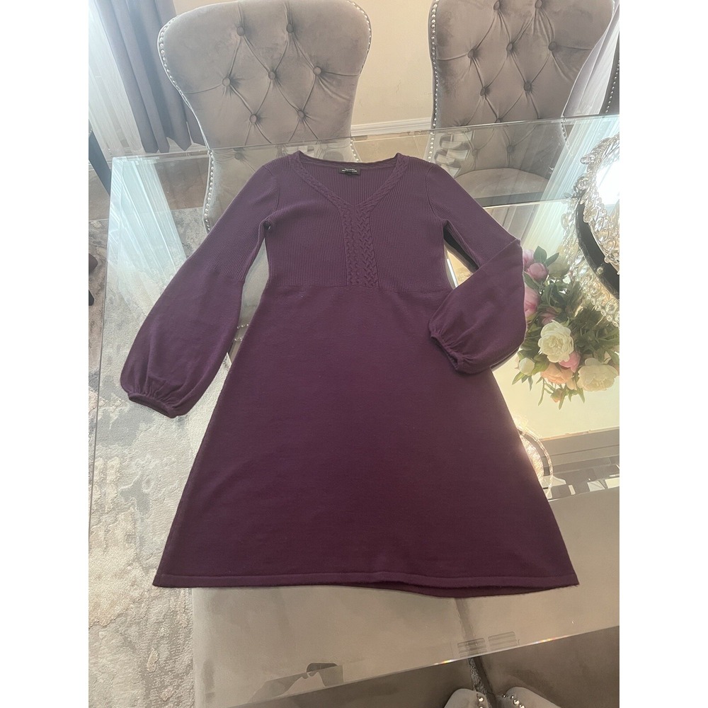Tahari Arthur S. Levine Purple Sweater Dress V Neck Long Balloon Sleeves Knit